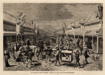 Lojas de seda em Mitsoui, Yedo (ou Edo, actual Tóquio), animadas, e ao fundo, a silhueta do Monte Fuji. Gravura para ilustrar a viagem ao Japão, em 1863-1864, de Aime Humbert, ministro da Confederação Suíça, em "Le tour du monde, nou de Unknown artist