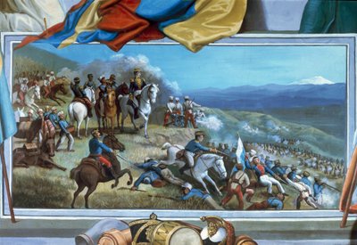 Simon Bolívar lidera tropas rebeldes contra as forças espanholas de Agustín Agualongo, afresco da prefeitura de Ibarra, Equador de Unknown artist