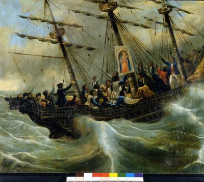 Afundamento de um navio suíço de emigrantes. Ex voto de 1856 do santuário da Madonna del Sasso em Locarno. Pintura atribuída a Giovanni Antonio Vanoni. de Unknown artist