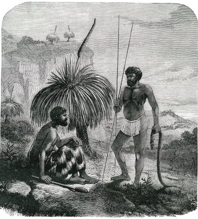 Caçadores de serpentes na Austrália. Gravura de 1868 de Unknown artist