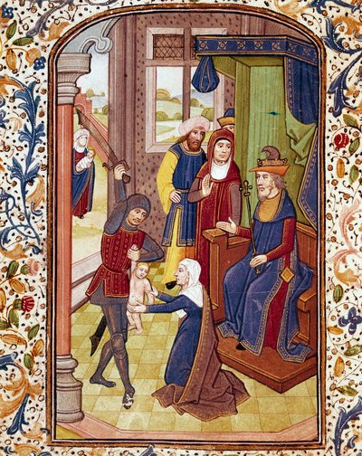 O Julgamento de Salomão Duas mulheres fingem ser a mãe da mesma criança. Miniatura de um manuscrito da Biblioteca da Universidade de Coimbra do século XV. de Unknown artist