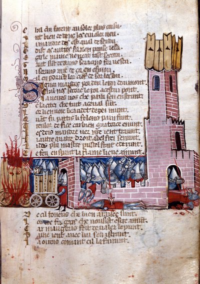 Canto de gesto: cena de combate perto de uma cidade fortificada (provavelmente a conquista da Espanha pelo exército de Carlos Magno). Miniatura do manuscrito franco-italiano "Entreée d