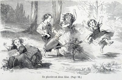 Sophie e seus amigos plantam lilás - em "Os infortúnios da Sophie" pela Condessa de Ségur, Hachette de Unknown artist
