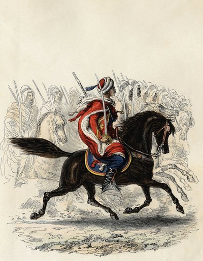 Spahis (corpo de cavalaria indiano do exército francês) composto principalmente por cavaleiros árabes treinados para a província de Argel em 1834, d