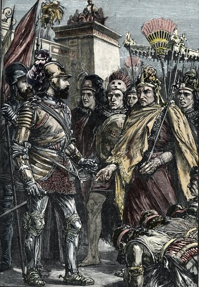 Conquista espanhola do México: encontro entre Hernan Cortes e Montezuma II em 1519 de Unknown artist