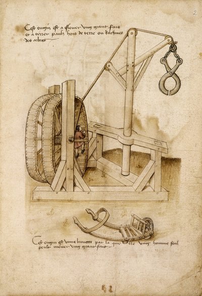 Sistema "esquilo" com garra para levantar uma carga de estaleiro e carrinho de mão - Manuscrito: folha de pergaminho de um manual de engenheiro para a construção de edifícios civis, religiosos e militares, anónimo, final do século XV (figura em tinta chine de Unknown artist