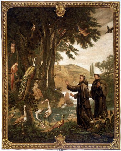 São Francisco de Assis falando com as aves - cromo do século XIX reproduzindo uma pintura do século XVIII. de Unknown artist