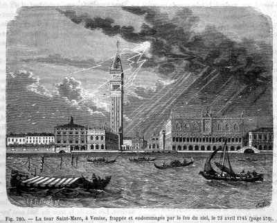 Torre de São Marcos em Veneza atingida e danificada pelo fogo do céu em 23 de Abril de 1745 - em "As maravilhas da ciência" de Louis Figuier de Unknown artist