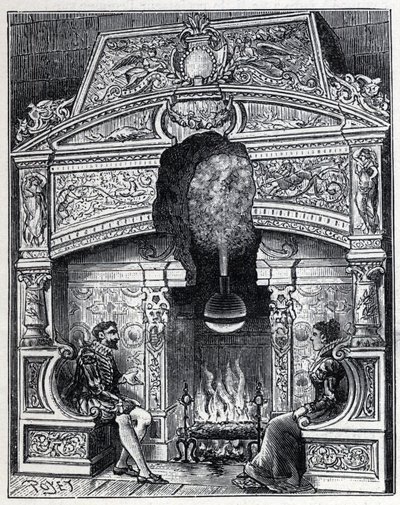 Vapor e calor solar: Lareira Eolipyl, vapor e sistema de máquinas de reacção originalmente concebidos por Heron of Alexandria (80 BC). Gravura em "La Nature". de Unknown artist