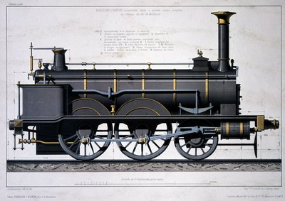 Locomotiva a vapor do Mulhouse Railway - desenho na lavagem de Unknown artist