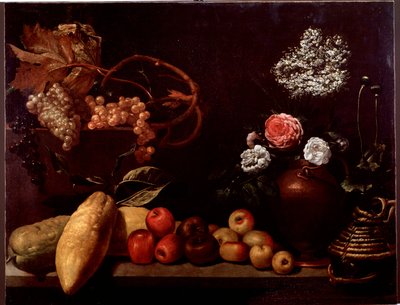 Natureza morta com rosas, flores de arbustos, limões e uvas (pintura de Unknown artist