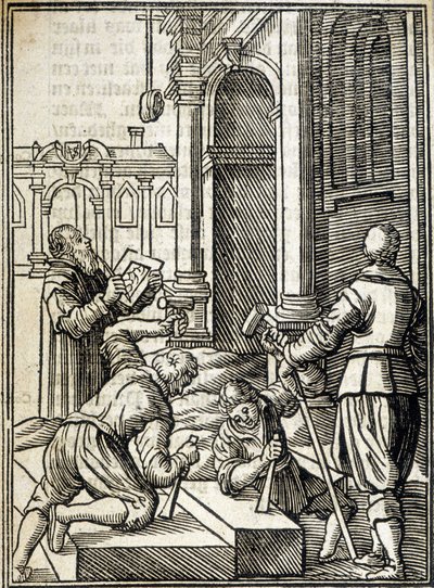 Cortadores de pedra que trabalham na construção de uma catedral - gravura de Unknown artist
