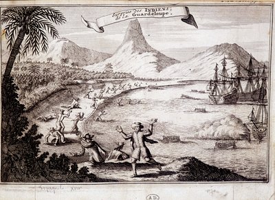 Surpresa dos índios no desembarque de Cristóvão Colombo em Guadalupe (caravelas) - gravura de Unknown artist