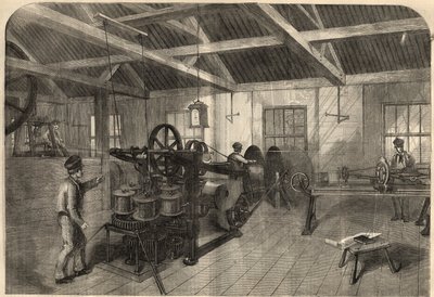 Telegrafia: fabricação de cabos transatlânticos na fábrica Glass, Elliot and Company em East Greenwich (Inglaterra). Gravação em "The Illustrated London News" de 14 de março de Unknown artist
