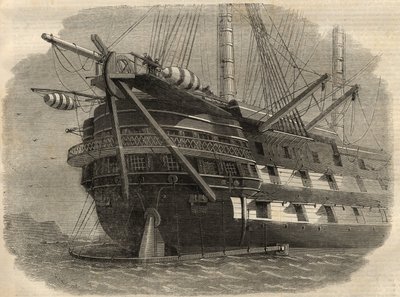 Telegrafia: vista da popa do navio H.M.S. "Agamemnon" que vai colocar o primeiro cabo transatlântico. Gravação no "The Illustrated London News" de 5 de Junho de Unknown artist
