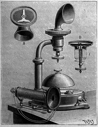 Telefonia na Suécia: modelo de um telefone da Ericsson Company. Gravura em "La Nature: Revue des sciences et de leurs applications aux arts et a l