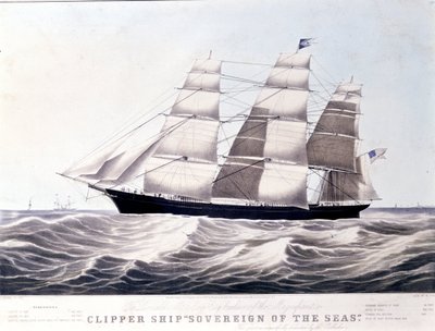 O "clipper" americano "Sovereign of the Sea" por volta de 1852. Litografia do século XIX de Unknown artist