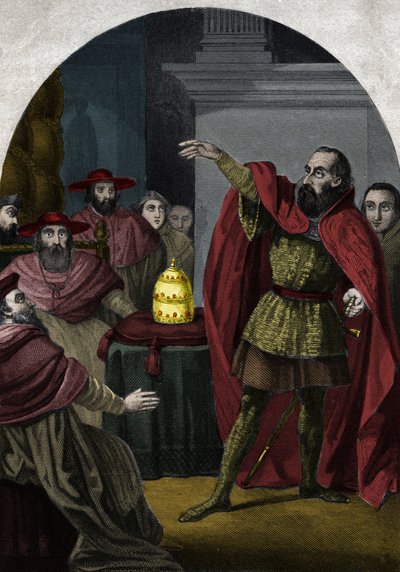 O Antipope João XXIII (Antipapa Giovanni 23) (1410-1415) (Baldassarre Cossa) foi proclamado pontífice soberano pelo Concílio de Pisa em 1410. Gravura de 1842 em "Histoire des popes" de Maurice Lachatre. Coleção privada. de Unknown artist