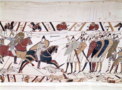 A Batalha de Hastings, ganha por Guilherme I o Conquistador (1027 - 1087) em 14/10/1066 e durante a qual morreu o Rei Harold II da Inglaterra (1022 - 1066). A tapeçaria Bayeux, conhecida como Bordado da Rainha Mathilde de Unknown artist