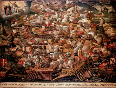 A Batalha de Lepante, ao largo da costa da Grécia, opôs-se a uma força espanhola, veneziana e papal aos otomanos em 1571. Pintura anónima. Século XVI. Veneza Museo Correr de Unknown artist