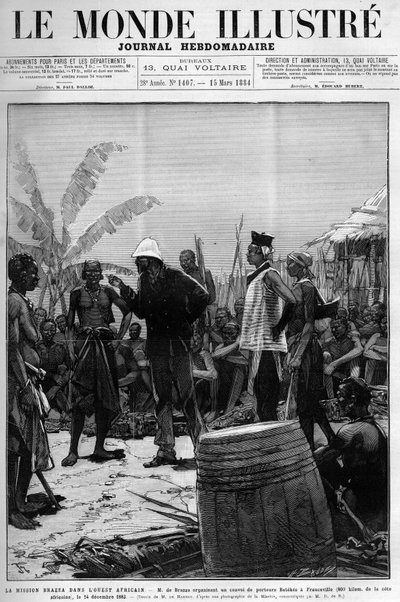 A Missão Brazza na África Ocidental: Pietro Paolo Savorgnan di Brazza ou Pierre Paul Francois Camille Savorgnan de Brazza (1852-1905) organizando um comboio de transportadores Batekes para Franceville (Gabão) em 14 de dezembro de Unknown artist