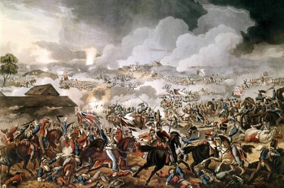 O exército britânico comandado pelo Duque de Wellington (1769 - 1852) venceu a Batalha de Waterloo contra as tropas francesas de Napoleão I em 18/06/1815. Gravura do período. de Unknown artist