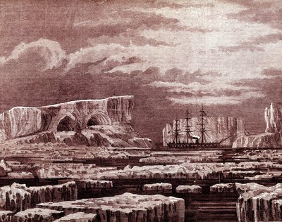 O barco Challenger no meio do icebergue. de Unknown artist
