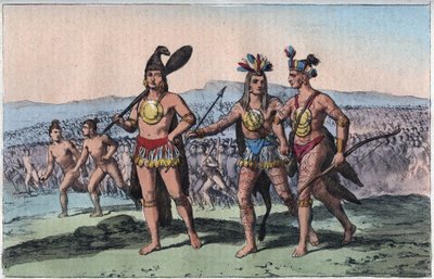 The Chiefs of Florida on their Way to War (Native American Indian) - gravura de "Uses and Customs of All the Peoples of the Universe" (Usos e costumes de todos os povos do universo). Ou História do Governo, Leis, Milícias e Religião de todas as Nações desd de Unknown artist