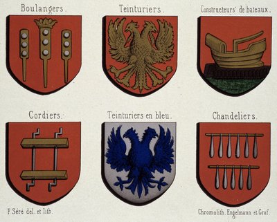 Os Brasões de Gand (Amostra dos Brasões de Armas da Idade Média): Padeiros, Tintores, Construtores de barcos, Cordiers, Tintureiros azuis, Chadeliers de Unknown artist