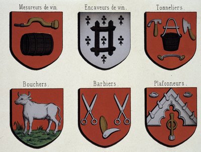 Os Brasões de Gand (Espécime dos Brasões de Armas da Idade Média): Medidores de Vinho, Cavernas de Vinho, Tanoeiro, Açougueiros, Barbeiros, Ladrilhadores de Unknown artist