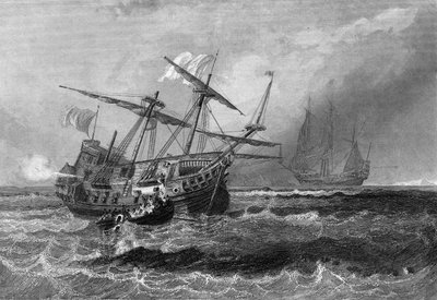 O Corbin perdeu no recife nas Ilhas Maldivas a 1 de Julho de 1602. Em "General History of the Navy" por Van Tenac de Unknown artist