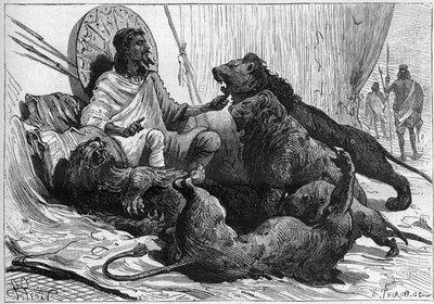 O Imperador (ras) Theodoros da Abissínia rodeia os seus leões. Em "Natureza" de 1888. de Unknown artist