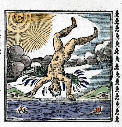 A Queda de Ícaro - A Queda de Ícaro. Xilogravura colorida. Século XVI. de Unknown artist