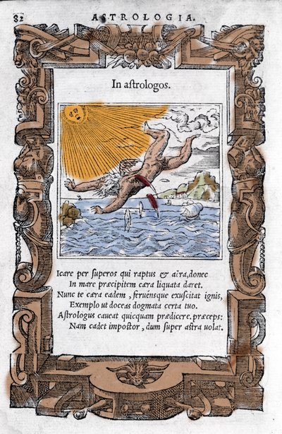 A Queda de Ícaro - A Queda de Ícaro. Xilogravura colorida do século XVI. de Unknown artist