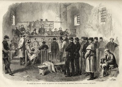 A Insurreição Feniana, Inquérito ao Sr. Cleary no Tribunal de Kilmallock - 1867 - Um julgamento de Fenians no Tribunal de Kilmallock na Irlanda - 1867 - gravura de "The Illustrous Universe" de 1867 de Unknown artist