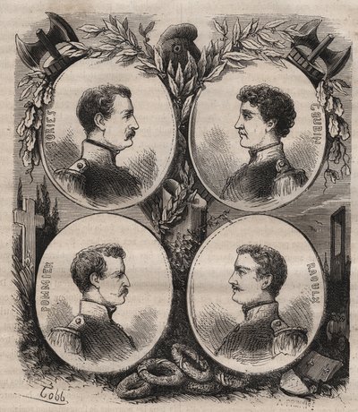 Os Quatro Sergentos (Jean Francois Bories (1795-1822), Jean Joseph Pommier (1796-1822), Marius Claude Raoulx (1797-1822)) e Charles Goubin (1798-1822) de La Rochelle acusados sob a Restauração de quererem derrubar a monarquia e as guilhotinas em 1822 de Unknown artist