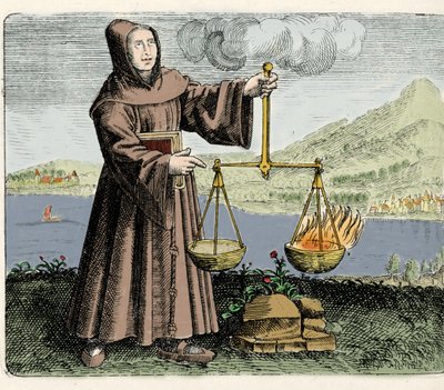 O monge, filósofo e alquimista franciscano Roger Bacon (Bacon) (Doutor Mirabilis) (1214-1294) fazendo uma experiência. Gravura de "Symbola aureae mensae mensae duodecim nationum" de Michael Mayer 1617 de Unknown artist