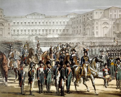 O general francês e rei de Nápoles Gioacchino (Joachim) Murat (1767-1815) revê a milícia Cisalpine em frente à Villa Reale de Monza em 08/07/1801. Gravura do Museo del Risorgimento, Milão de Unknown artist