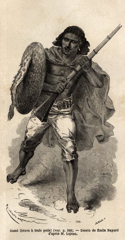O Jogo, ou corajoso tem três cabelos, soldado abissiniano de armas. Engravure pour illustrrer le voyage en Abyssinie, en 1862 by Guillaume Lejean, in "Le tour du monde, nouveau journal des voyages" publicado sob a direcção de Edouard Charton de Unknown artist