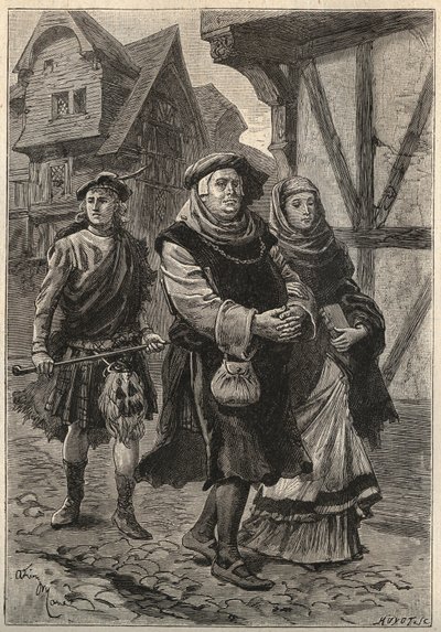 O Gartier (O Glover) acompanhando sua filha à igreja - ilustração do século XIX para o romance histórico "The Pretty Girl of Perth" ou Dia dos Namorados (ou A bela criada de Perth) por de Unknown artist