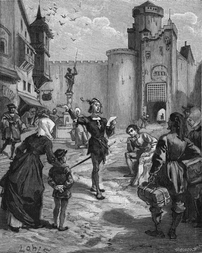 O cavaleiro, poeta e humanista alemão Ulrich von Hutten (1488-1523) declamando um de seus poemas na rua. Gravura do século XIX. Em "Histoire de France", de Jules Michelet de Unknown artist