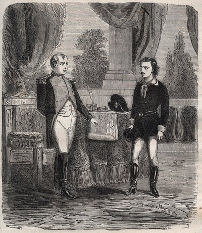 O Interrogatório de Friedrich Stabs após sua falhada tentativa de assassinato de Napoleão I - Friedrich (Frederic) Staps interroga Napoleão, um jovem alemão que tentou assassinar Napoleão em 12 de outubro de Unknown artist