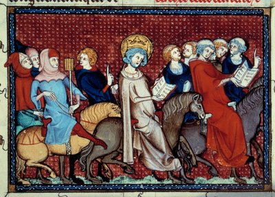 O Rei da França Luís IX (São Luís) (1214-1270) contou suas horas aos seus capelães em miniatura de um manuscrito "Vida e milagres de São Luís" de Guilherme de Saint Pathus de Unknown artist
