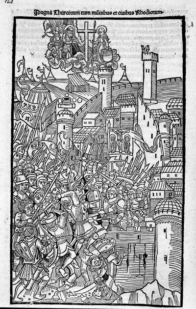 Os Cavaleiros de Rodes (a Ordem dos Hospitaleiros de São João de Jerusalém) atacando Rhode Island em "Rhodiorum Historia" de Guilelmus Caorsin, Ulmae, Joh. Reger, 24 de outubro de Unknown artist