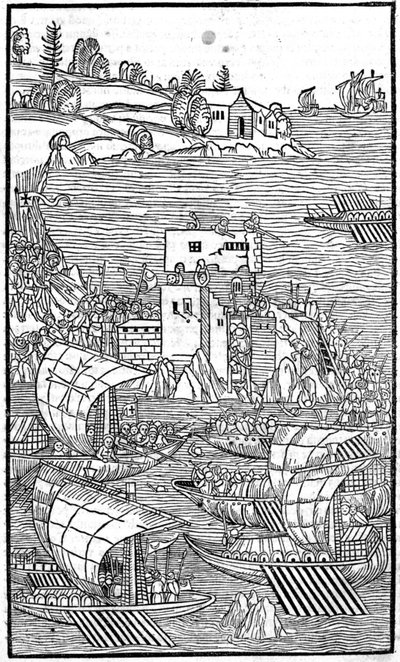 Os Cavaleiros de Rodes (a Ordem dos Hospitaleiros de São João de Jerusalém) atacando Rhode Island em "Rhodiorum Historia" de Guilelmus Caorsin, Ulmae, Joh. Reger, 24 de outubro de Unknown artist