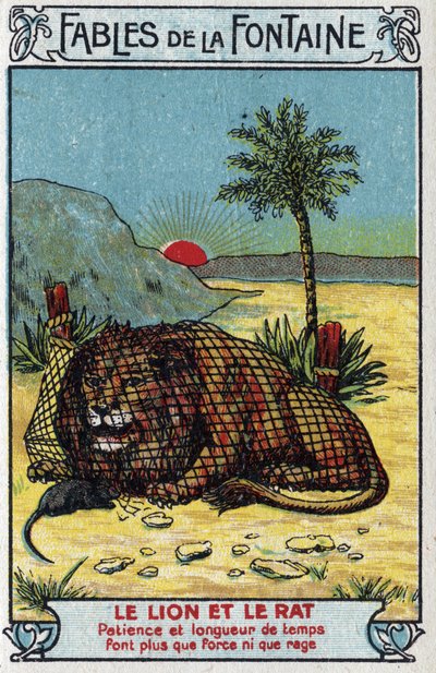 O Leão e o Rato - Fábulas de Jean de La Fontaine (1621-95) -Cromolitografia do final do século XIX Coleção Particular de Unknown artist