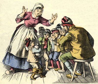 O Little Poulet e os seus irmãos vão para casa dos pais. Ilustração do conto "Le Pepetit Poucet", de Charles Perrault de Unknown artist