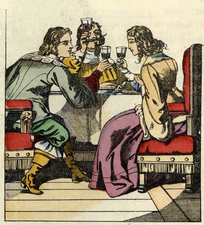 O Marquês de Carabas convida a princesa e o rei a comer no castelo. Ilustração do conto "O Botte do gato", de Charles Perrault de Unknown artist