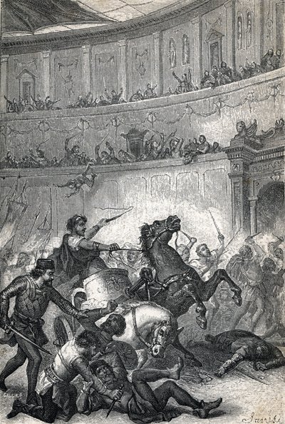 O Massacre de Tessalônica em 390. Gravura de 1884 de Unknown artist