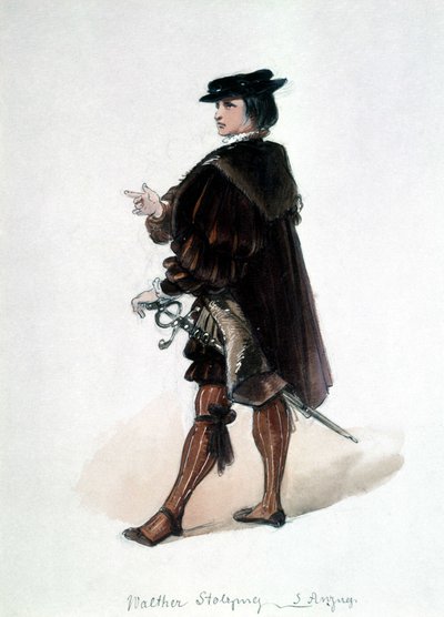 Os Mestres Cantores de Nuremberga (Die Meistersinger von Nürnberg), ópera criada por Richard Wagner: fantasia de Walther von Stolzing para a primeira apresentação. Museu Wagner Bayreuth. de Unknown artist